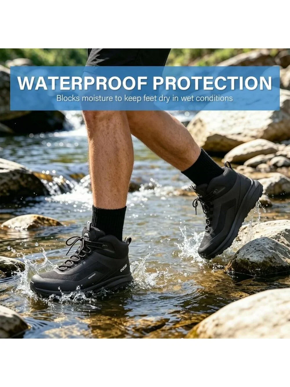 Men's Black Waterproof Shoes Casual Solid Mid Top Cap Toe Non Slip Hiking Boots